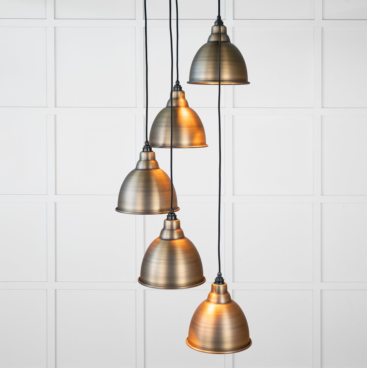 Aged Brass Brindley Cluster Pendant Light , Front Side with light on.