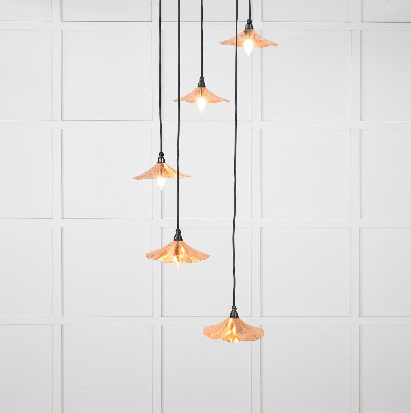 Smooth Copper Flora Cluster Pendant Light , Front Side with light on.