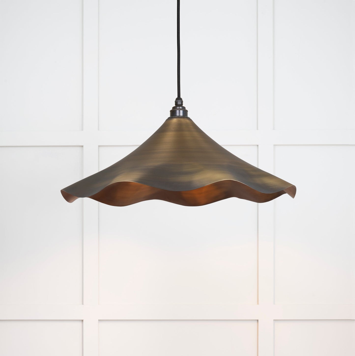 Aged Brass Flora Pendant Light , Front Side with light on.