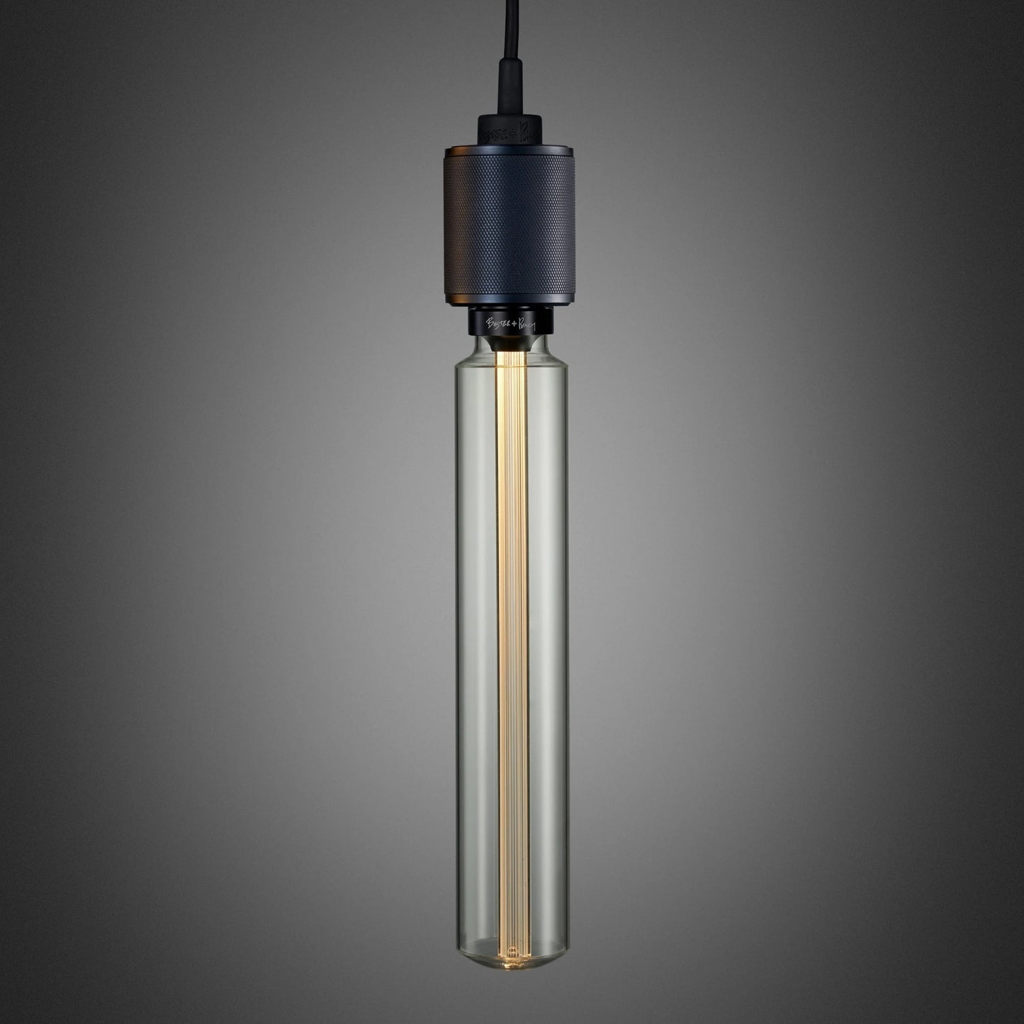 Heavy Metal Pendant light / Cross smoked bronze, front view., long bulb front view.
