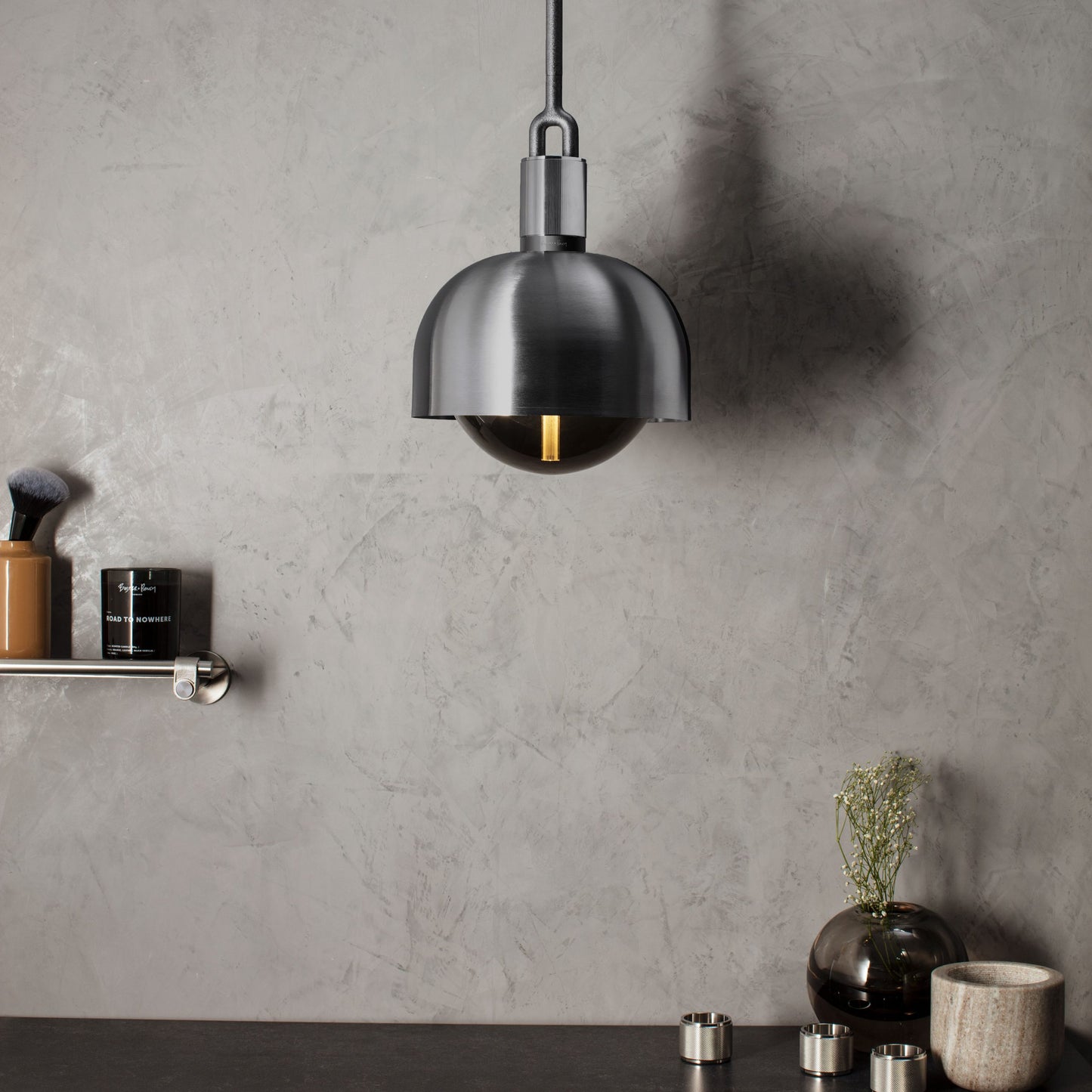 Forked Pendant Light / Shade / Globe / Smoked / Medium Gun metal, in setting with background.