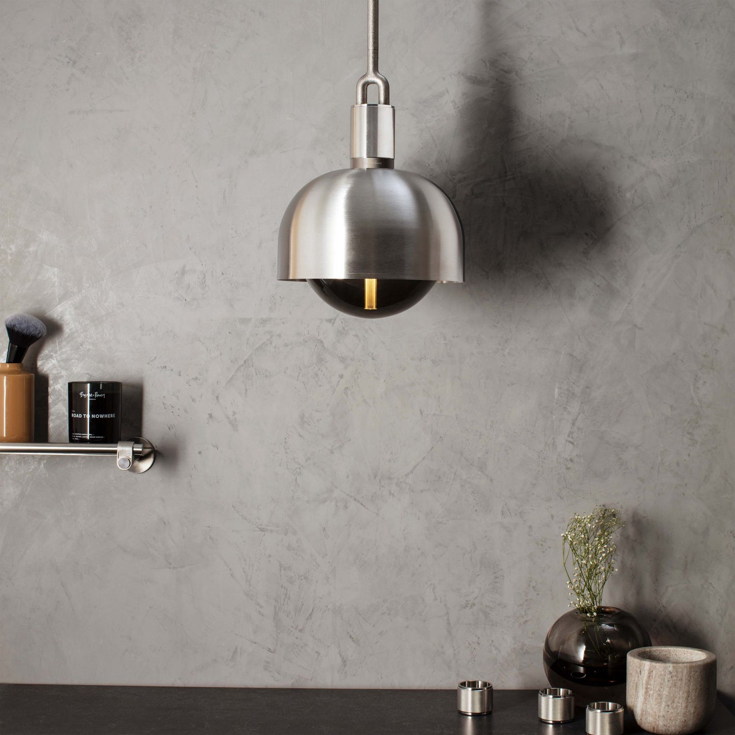 Forked Pendant Light / Shade / Globe / Smoked / Medium Steel, in setting with background.