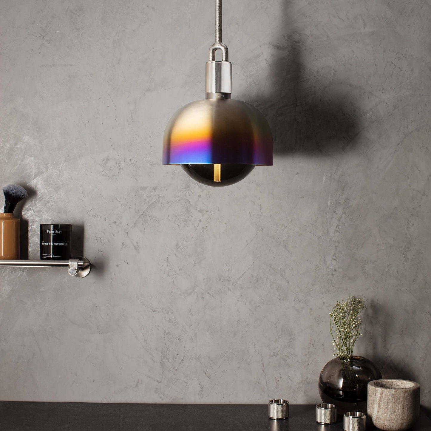 Forked Pendant Light / Shade / Globe / Smoked / Medium Burnt Steel, in setting with background.
