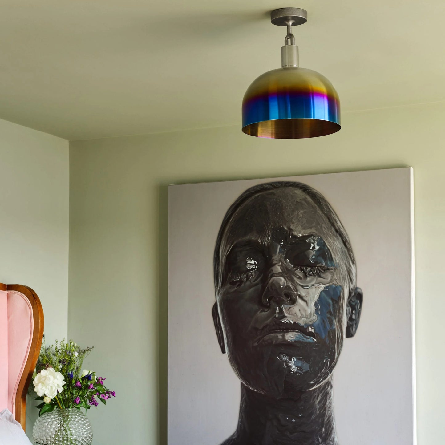Forked Ceiling Light / Shade / Medium burnt steel, on ceiling in setting above painting.