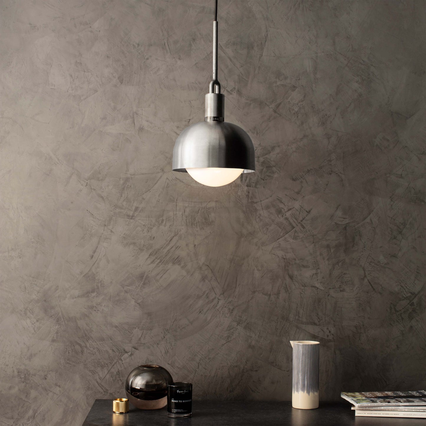 Forked Pendant Light / Shade / Globe / Opal / Medium gun metal, front view with background setting.