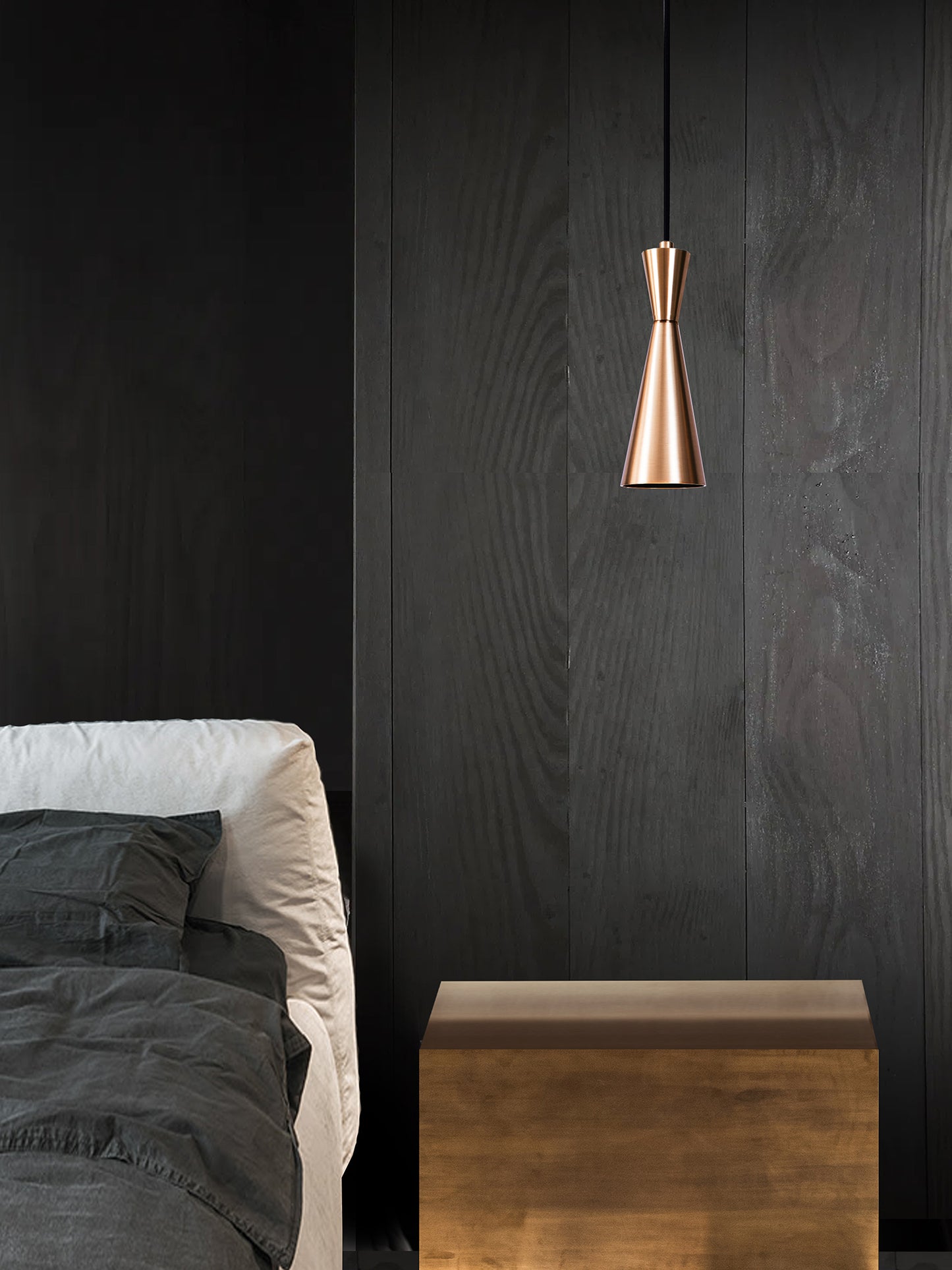 Cone Pendant Light, hanging beside bed in setting.