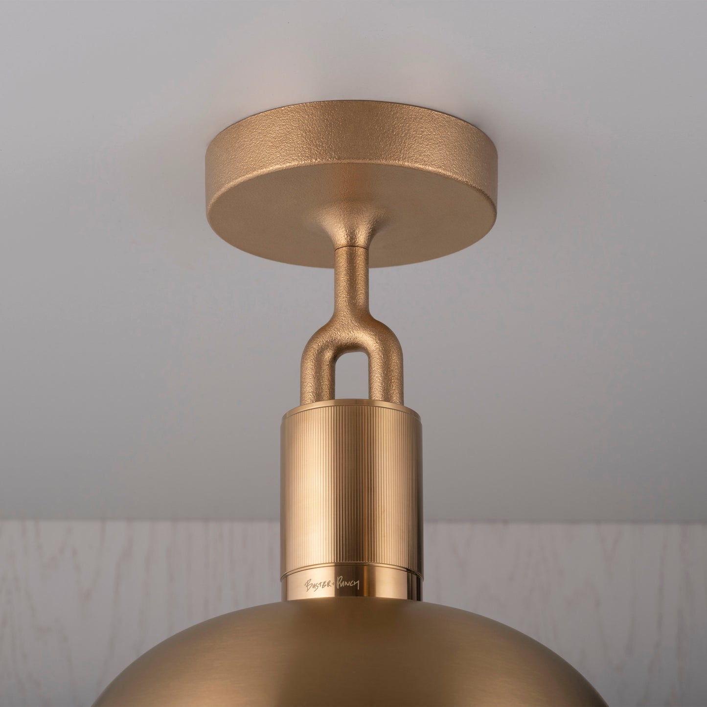 Forked Ceiling Light / Shade / Medium brass, detailed close up view of fork and fitting.