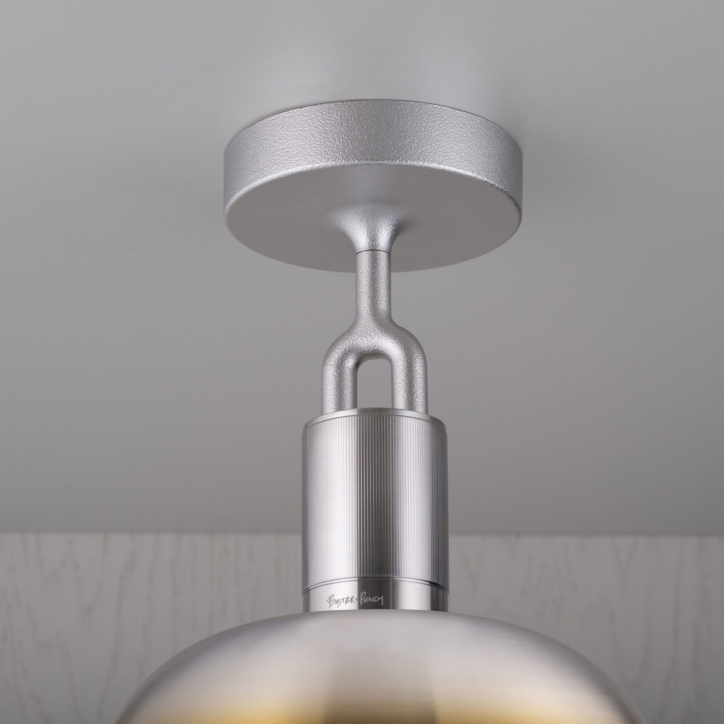 Forked Ceiling Light / Shade / Medium burnt steel, detailed close up view of fork and fitting.