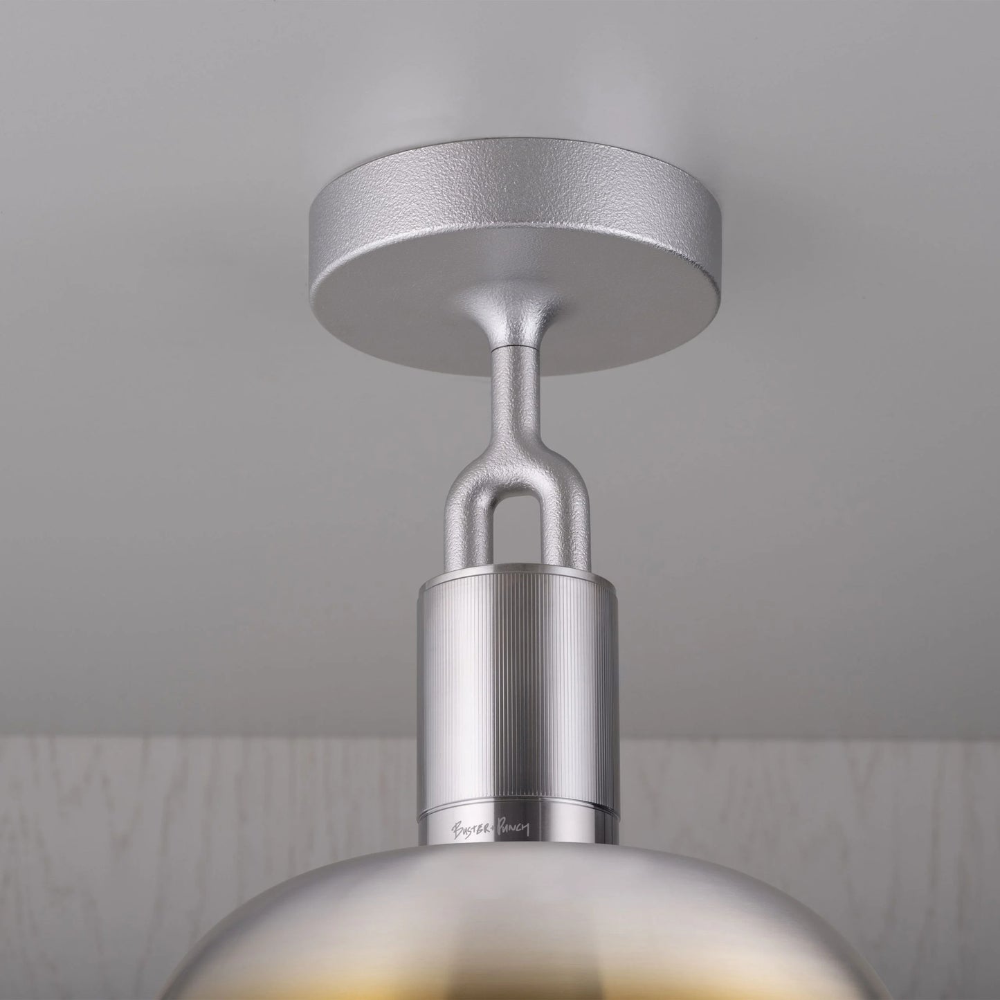 Forked Ceiling Light / Shade / Globe / Smoked / Medium Burnt Steel, detailed close up of fork and fitting.