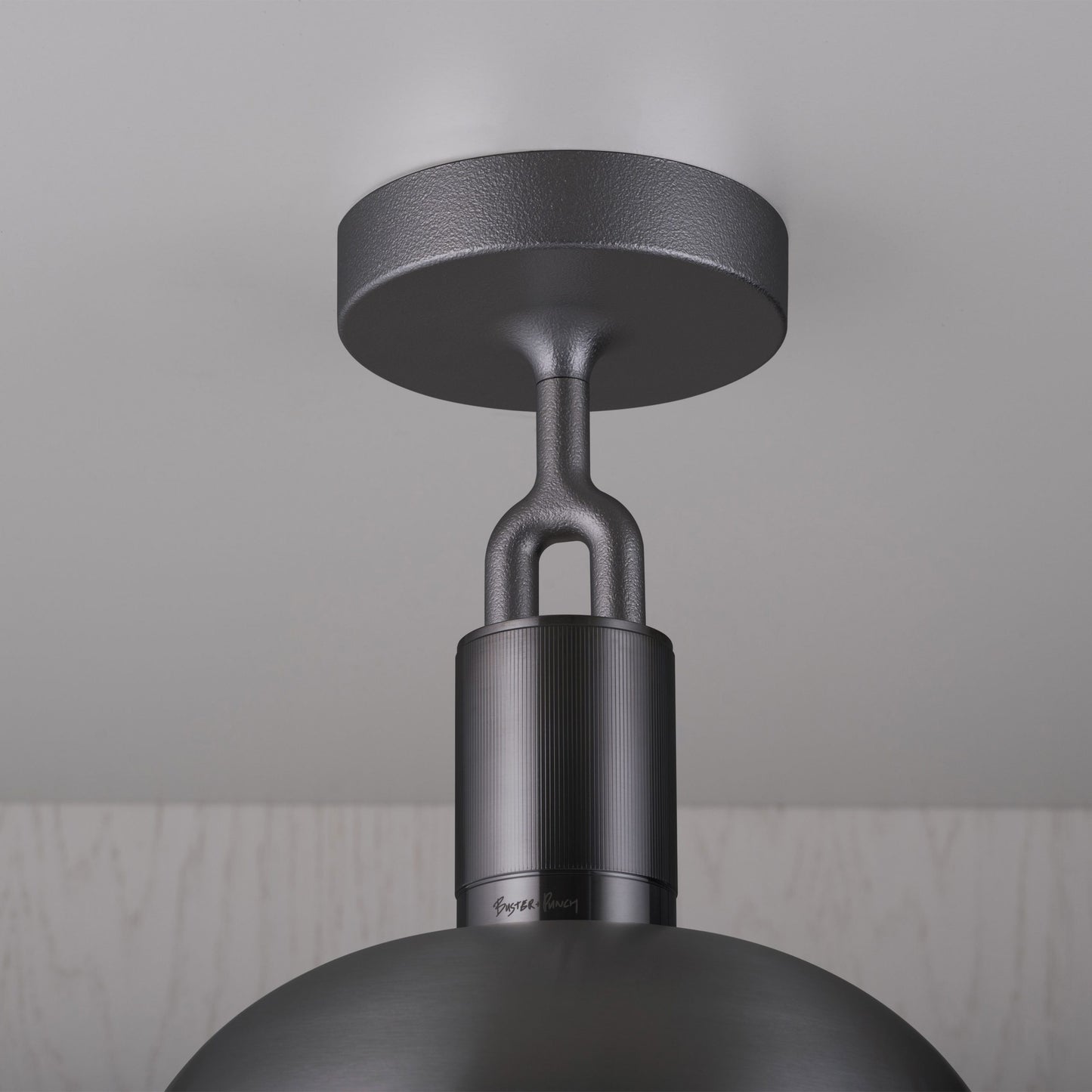 Forked Ceiling Light / Shade / Globe / Smoked / Medium gun metal, detailed close up of fork and fitting.