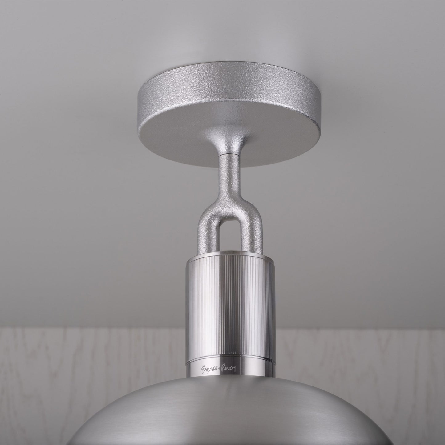 Forked Ceiling Light / Shade / Medium steel, detailed close up view of fork and fitting.