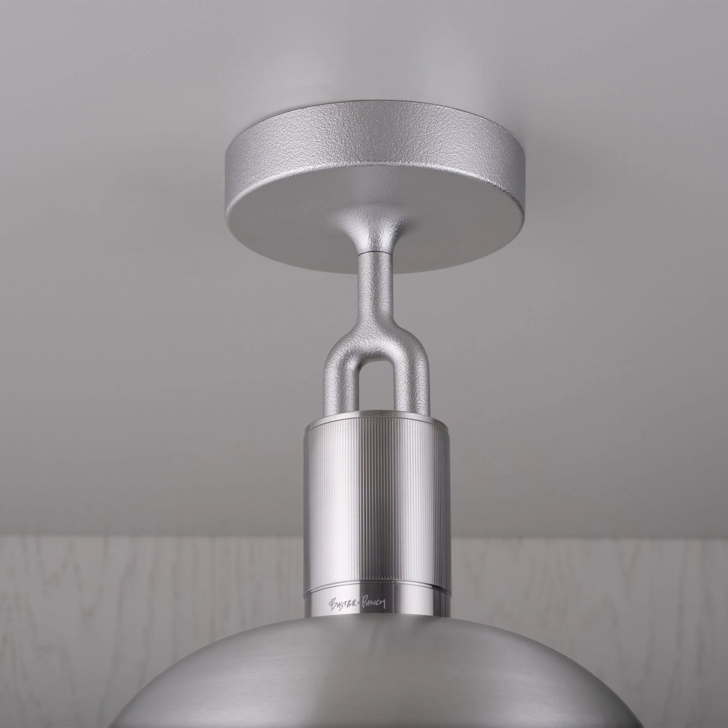 Forked Ceiling Light / Shade / Globe / Smoked / Medium Steel, detailed close up of fork and fitting.