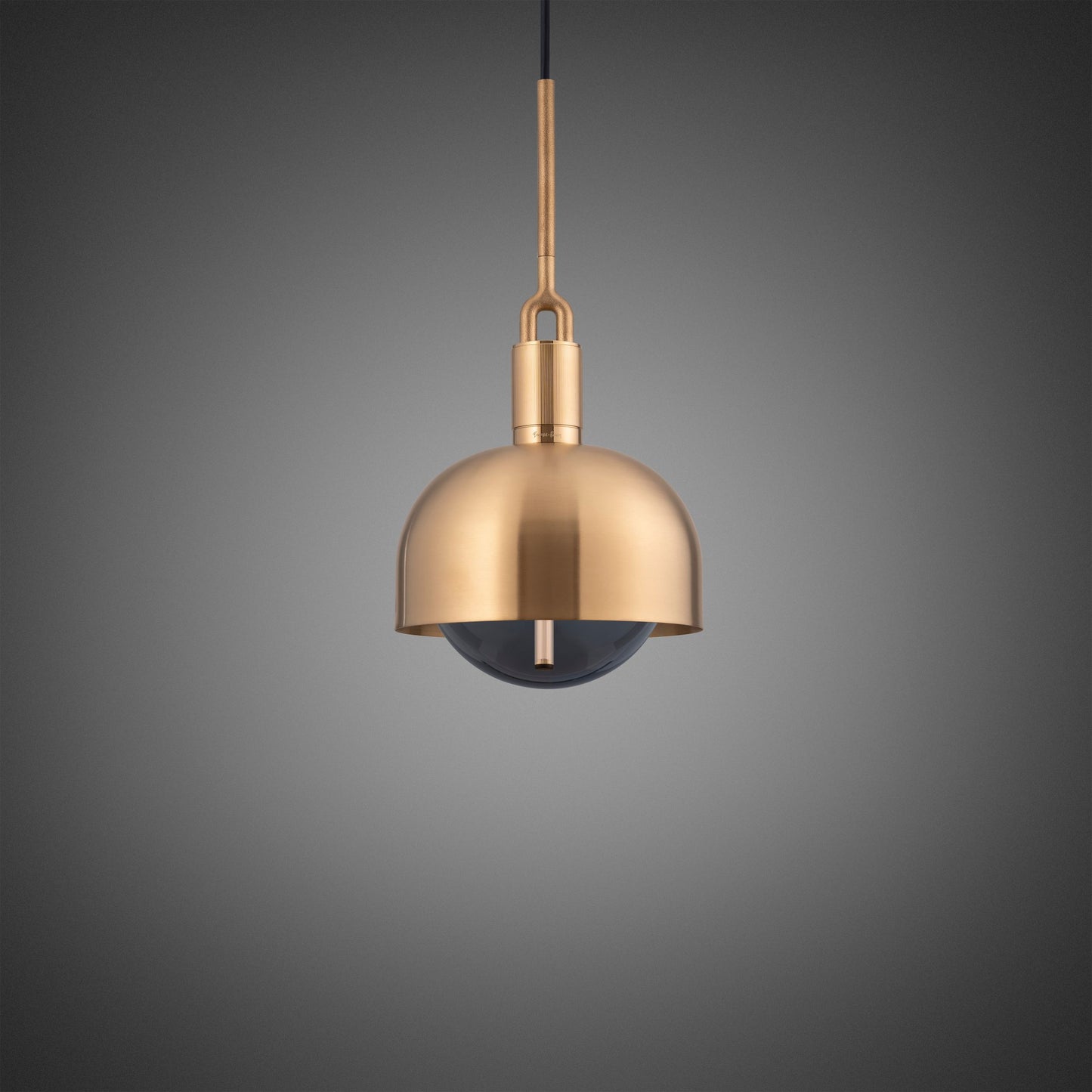 Forked Pendant Light / Shade / Globe / Smoked / Medium Brass, front view.
