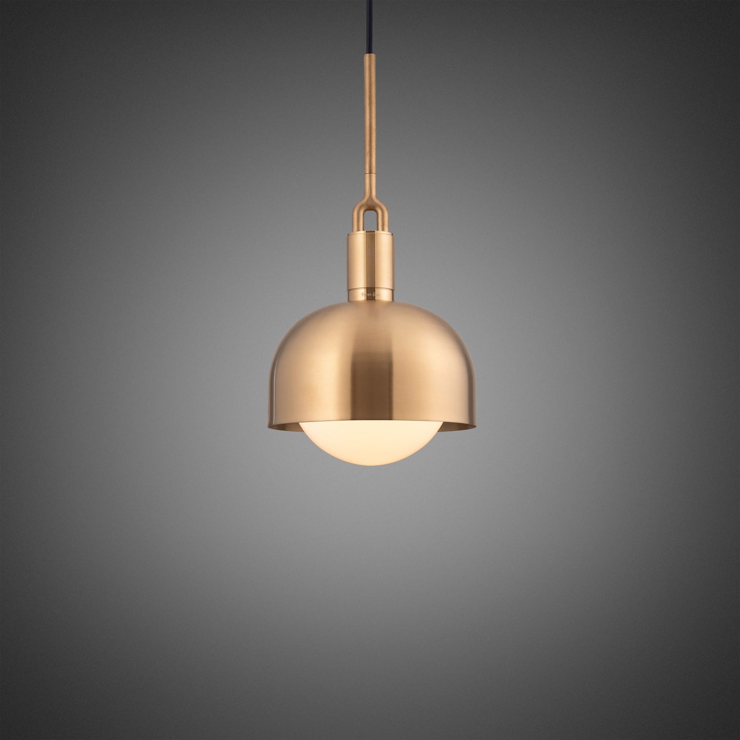 Forked Pendant Light / Shade / Globe / Opal / Medium brass, front view.