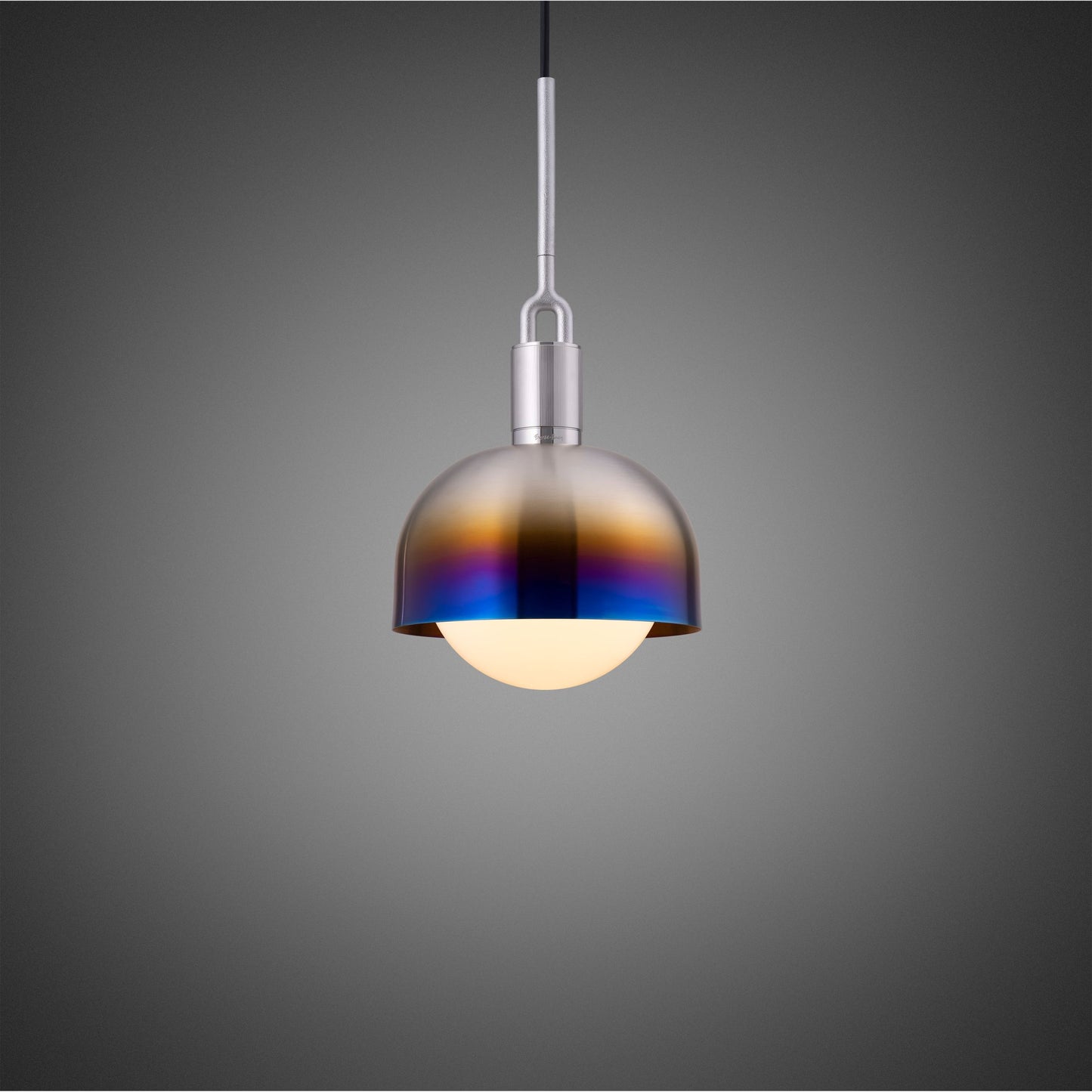Forked Pendant Light / Shade / Globe / Opal / Medium burnt steel, front view.