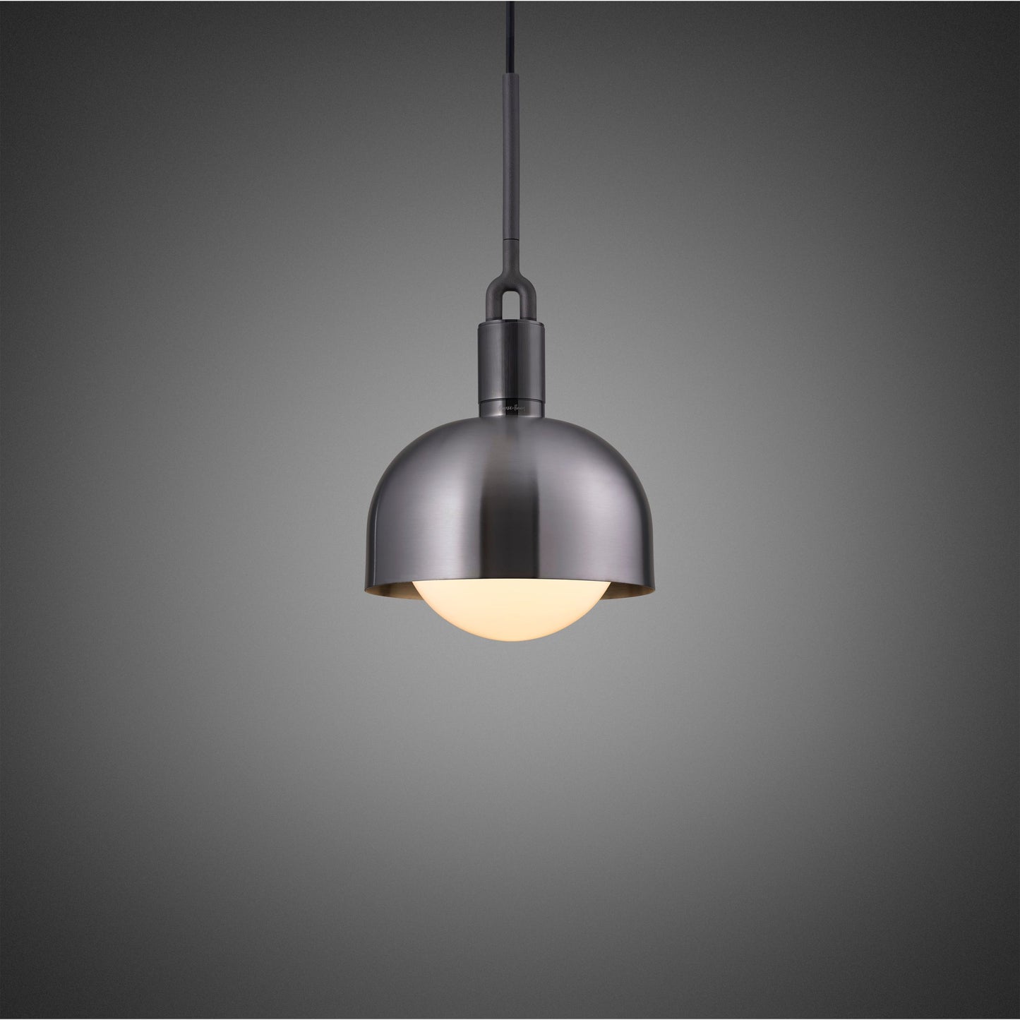 Forked Pendant Light / Shade / Globe / Opal / Medium gun metal, front view.