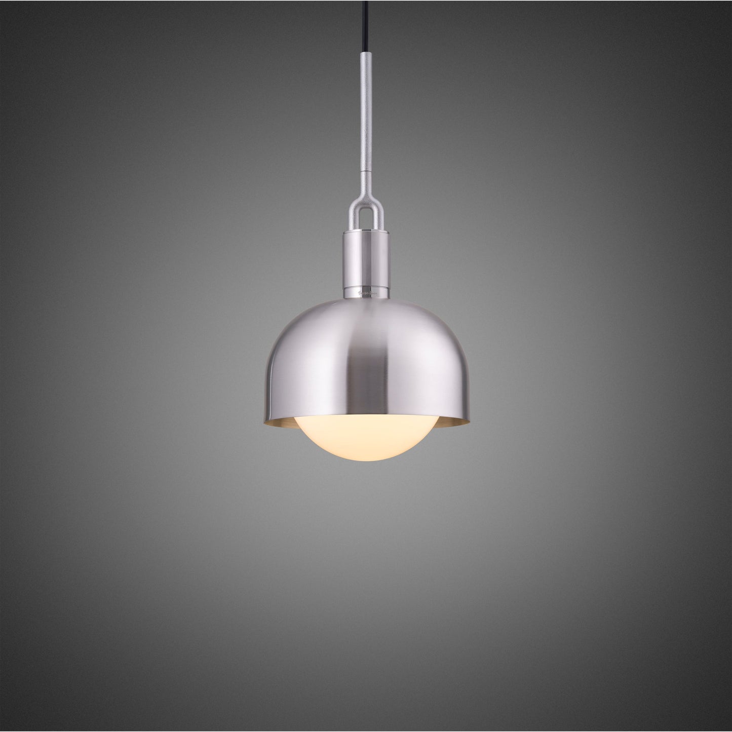 Forked Pendant Light / Shade / Globe / Opal / Medium steel, front view.