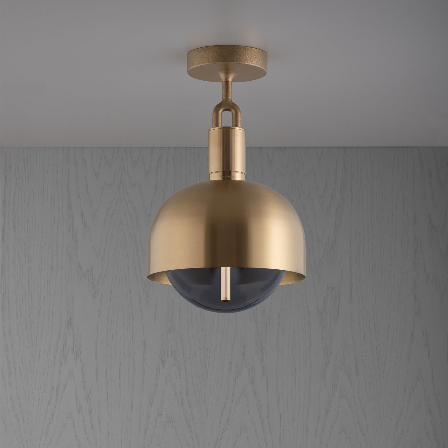 Forked Ceiling Light / Shade / Globe / Smoked / Medium brass, front view.