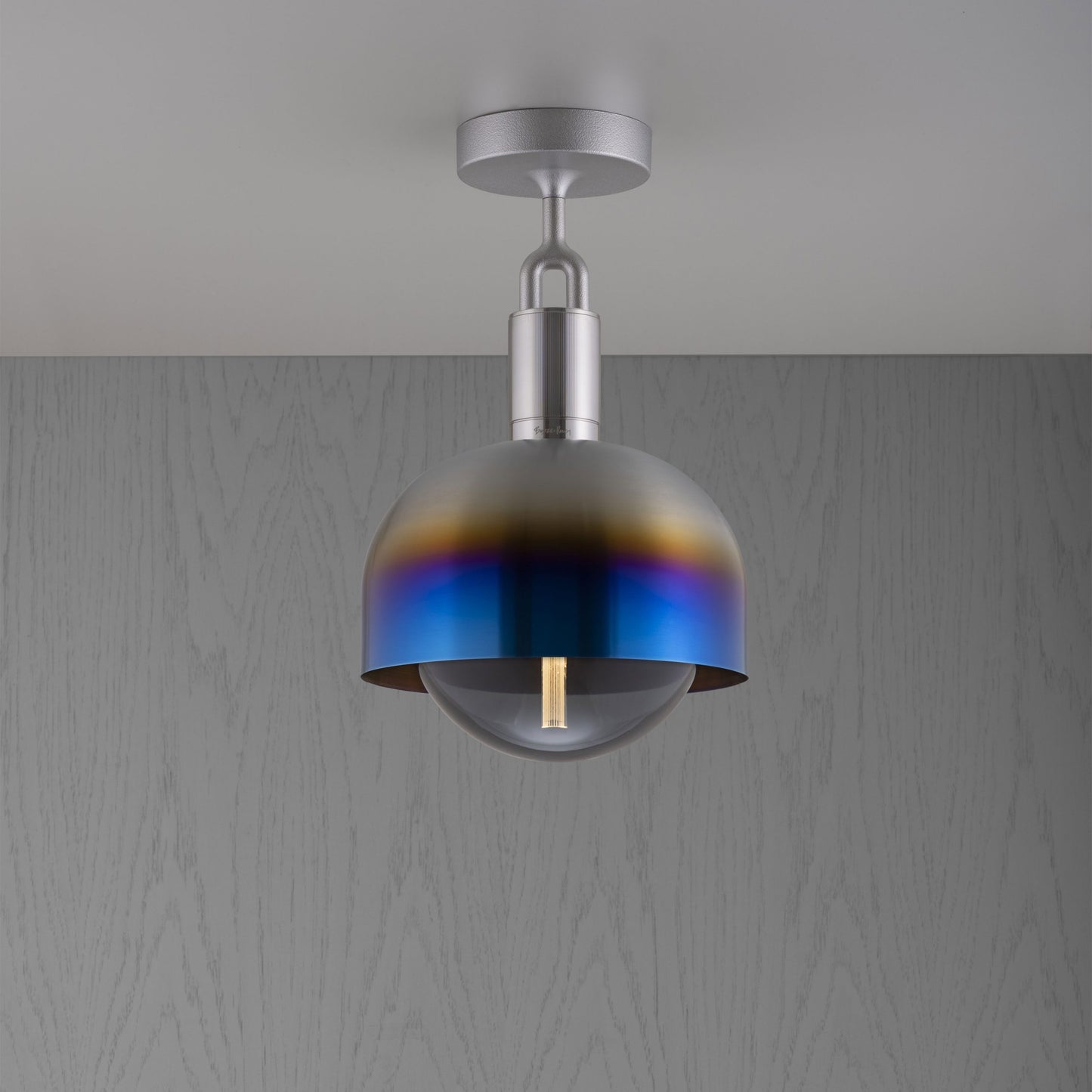 Forked Ceiling Light / Shade / Globe / Smoked / Medium Burnt Steel, front view.