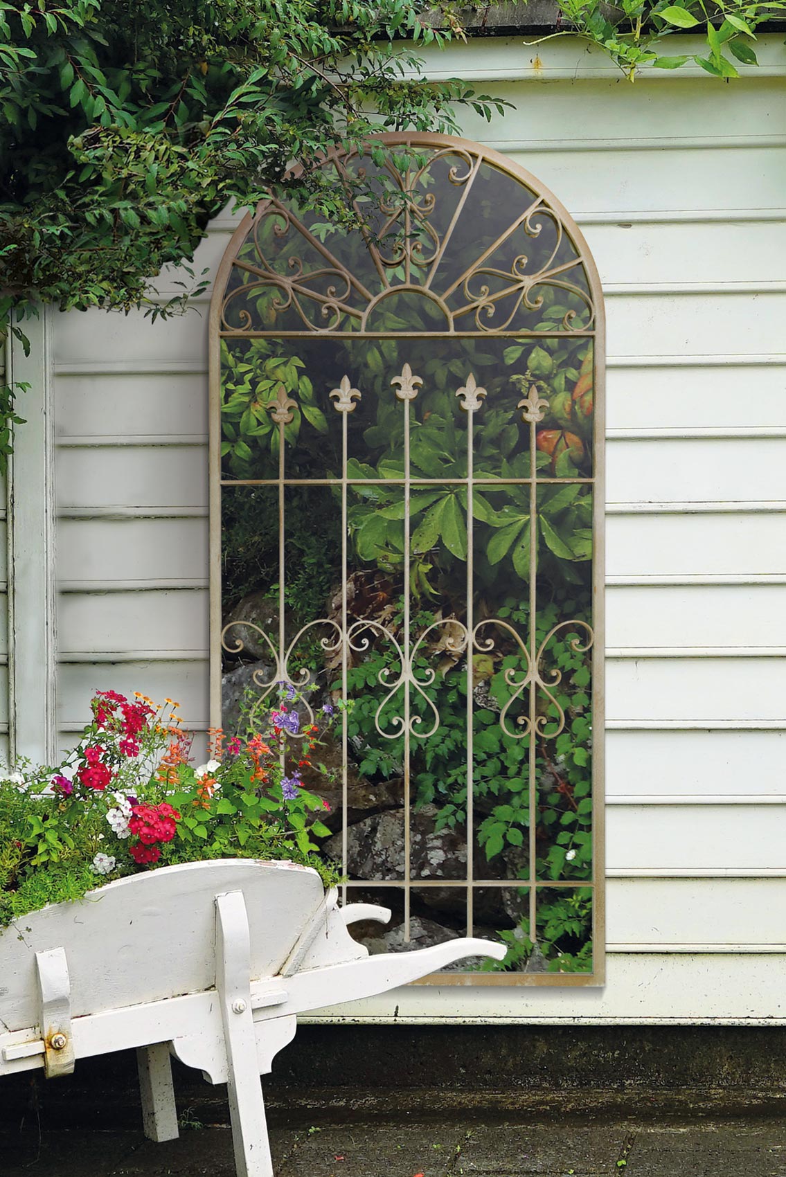 Somerley Large Stone-Colored Garden Mirror with Gothic Arch Design - 5ft3 x 2ft6 (160cm x 75cm)-7