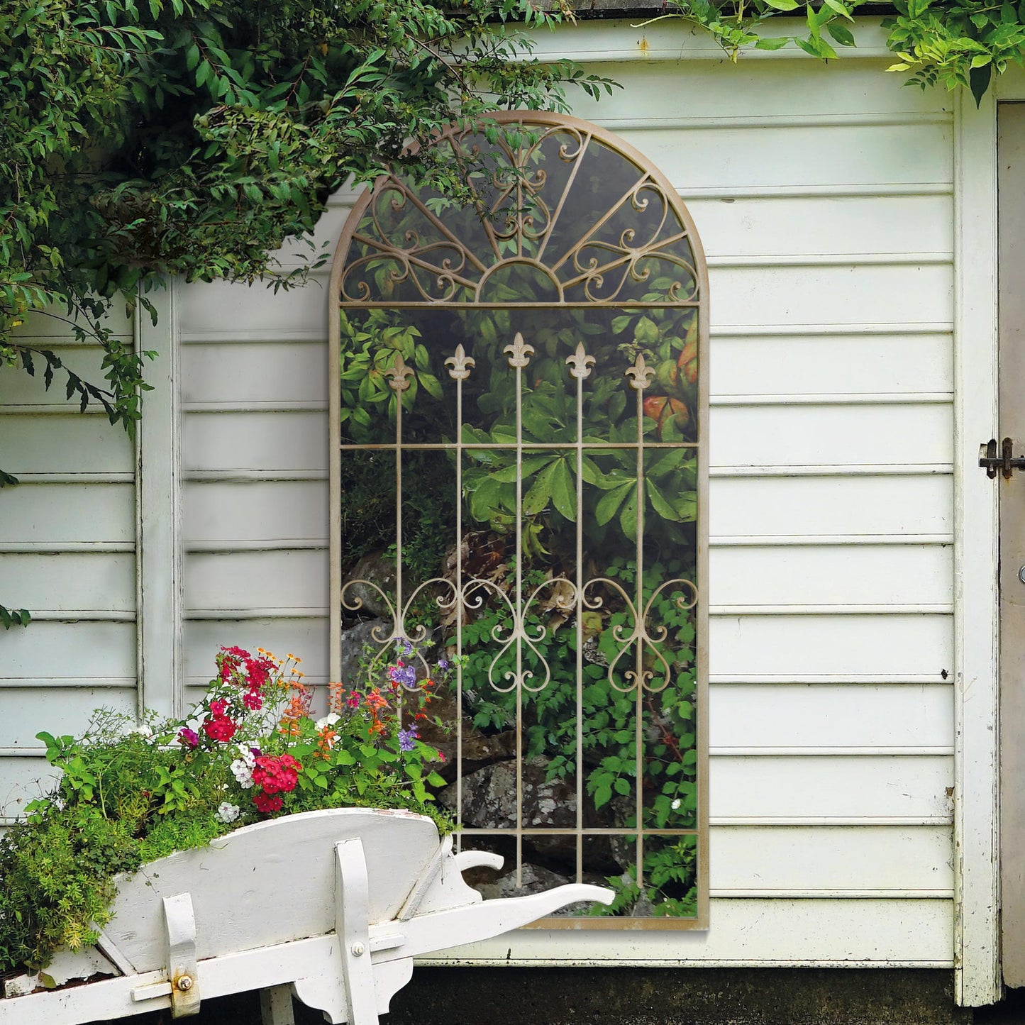 Somerley Large Stone-Colored Garden Mirror with Gothic Arch Design - 5ft3 x 2ft6 (160cm x 75cm)-13