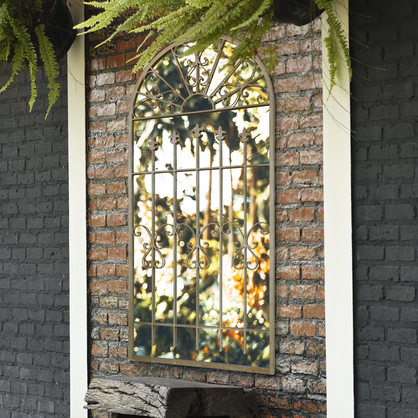 Somerley Large Stone-Colored Garden Mirror with Gothic Arch Design - 5ft3 x 2ft6 (160cm x 75cm)-12