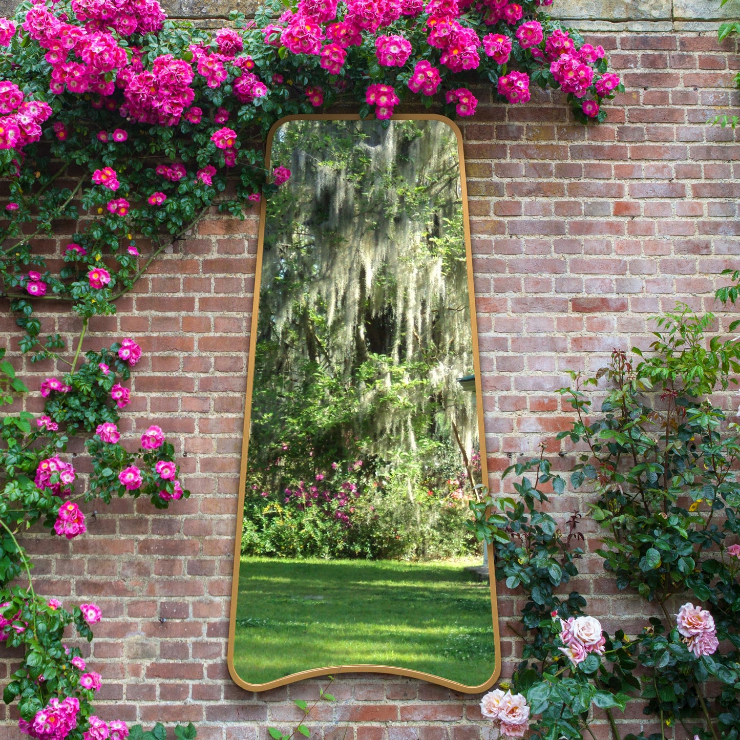 Arched Bottom Gold Metal Framed Garden Wall Mirror - Isosceles Trapezoid Design, 71" X 34" (180CM X 85CM)-11