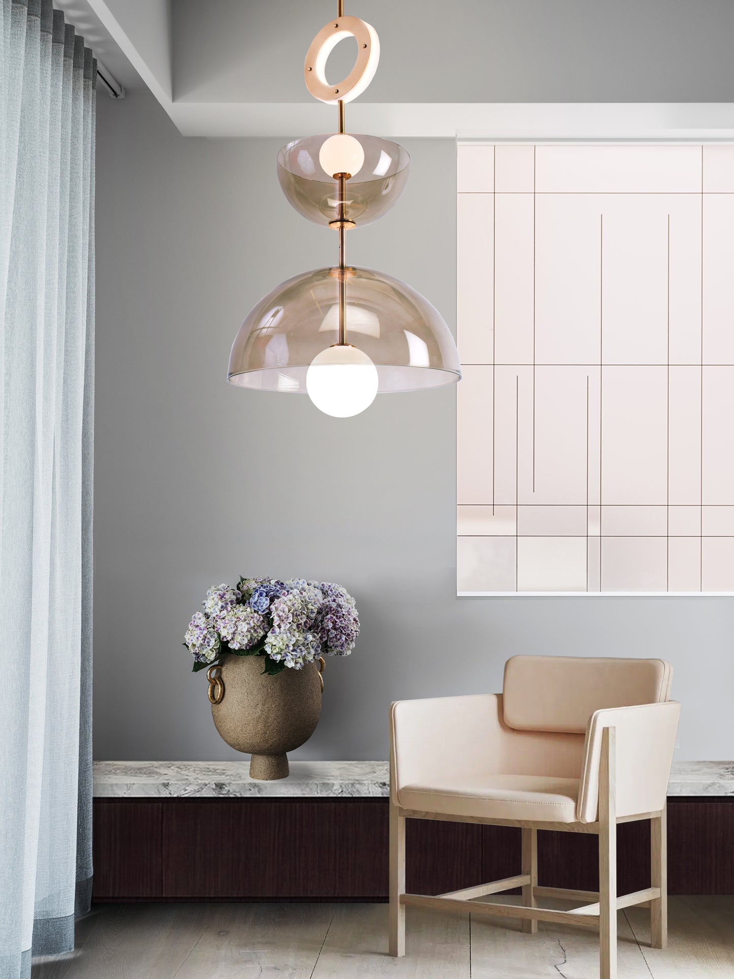 Deco Chandelier 3A Light, smoked, in setting.