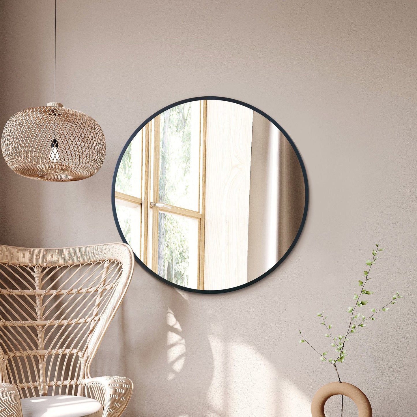 The Fenestra - Contemporary Round Wall Mirror with Black Trim 31" (80CM) Diameter-8