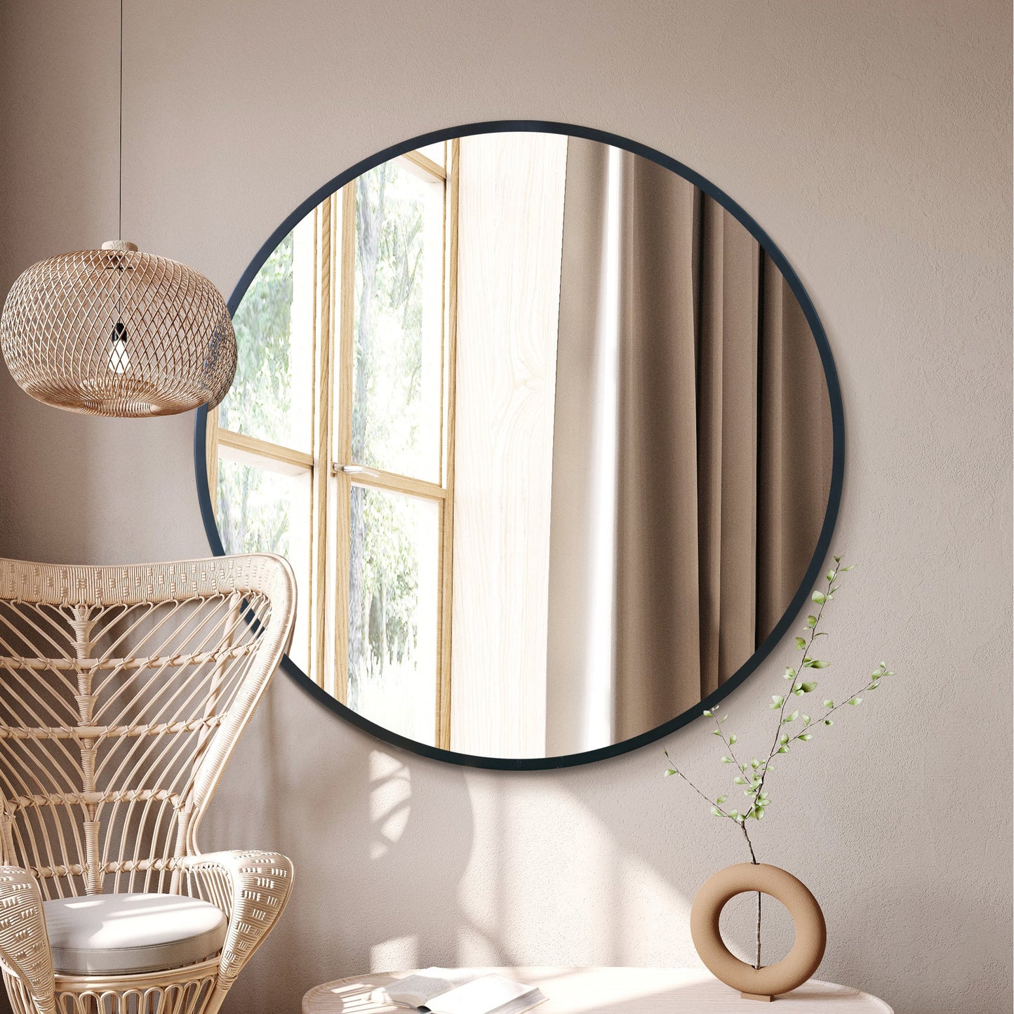 The Fenestra - 47" (120CM) Diameter Contemporary Round Wall Mirror with Black Trim-8