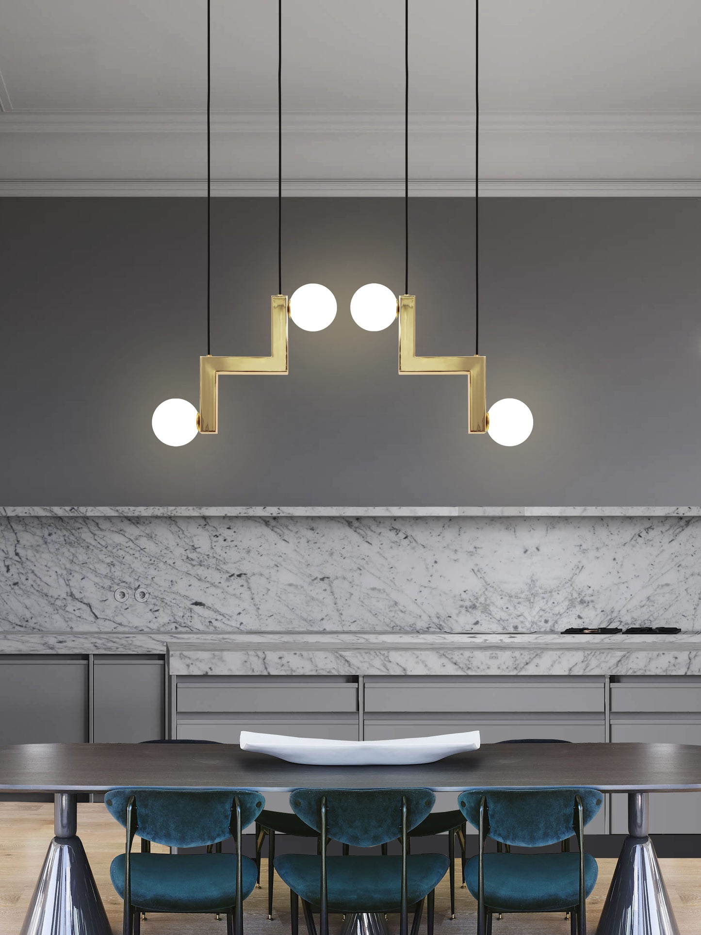 Zig 2 Cluster Light, hanging from ceiling above table in setting.