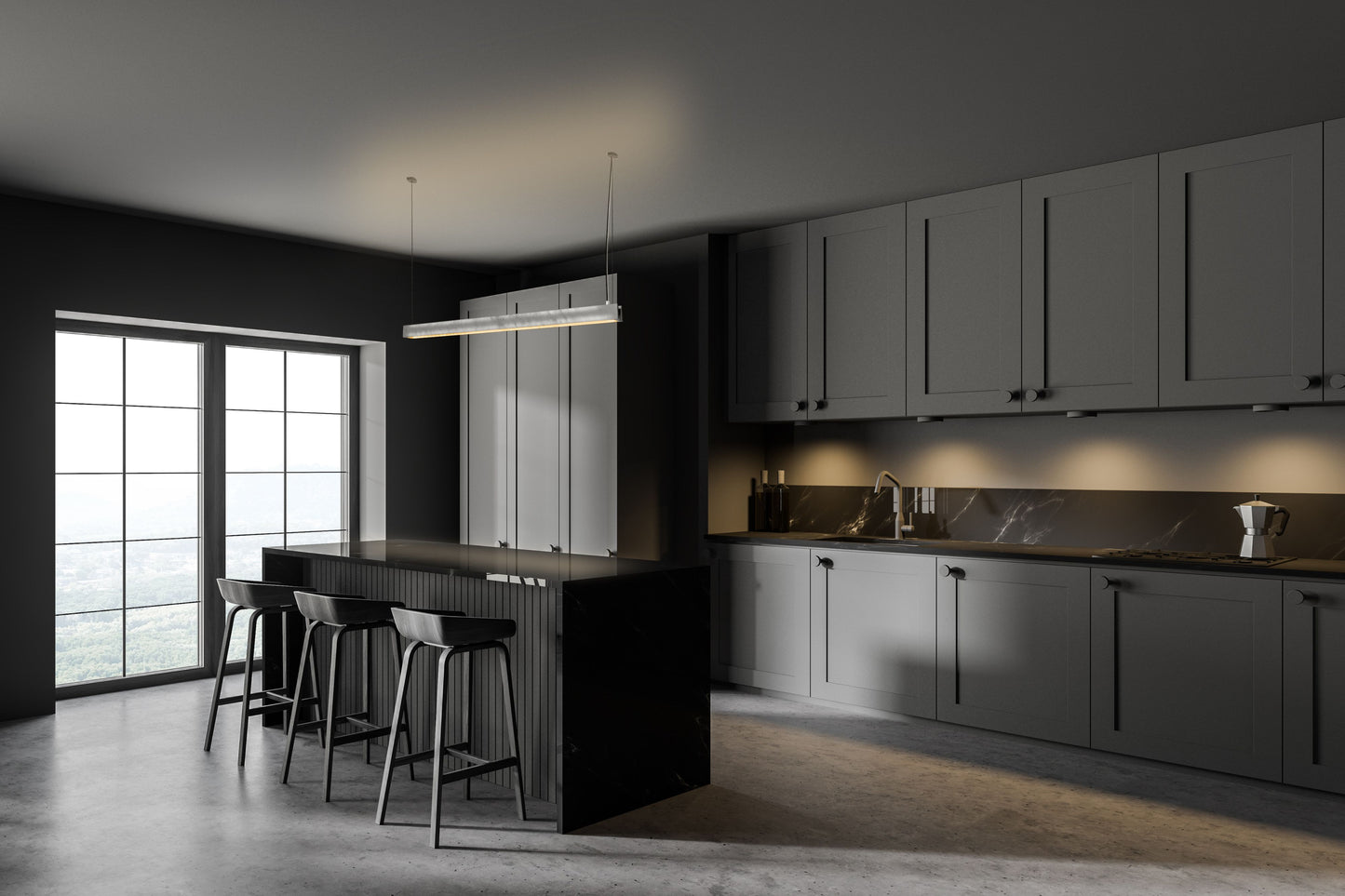Profilo H Pendant Light, hanging above kitchen island in setting