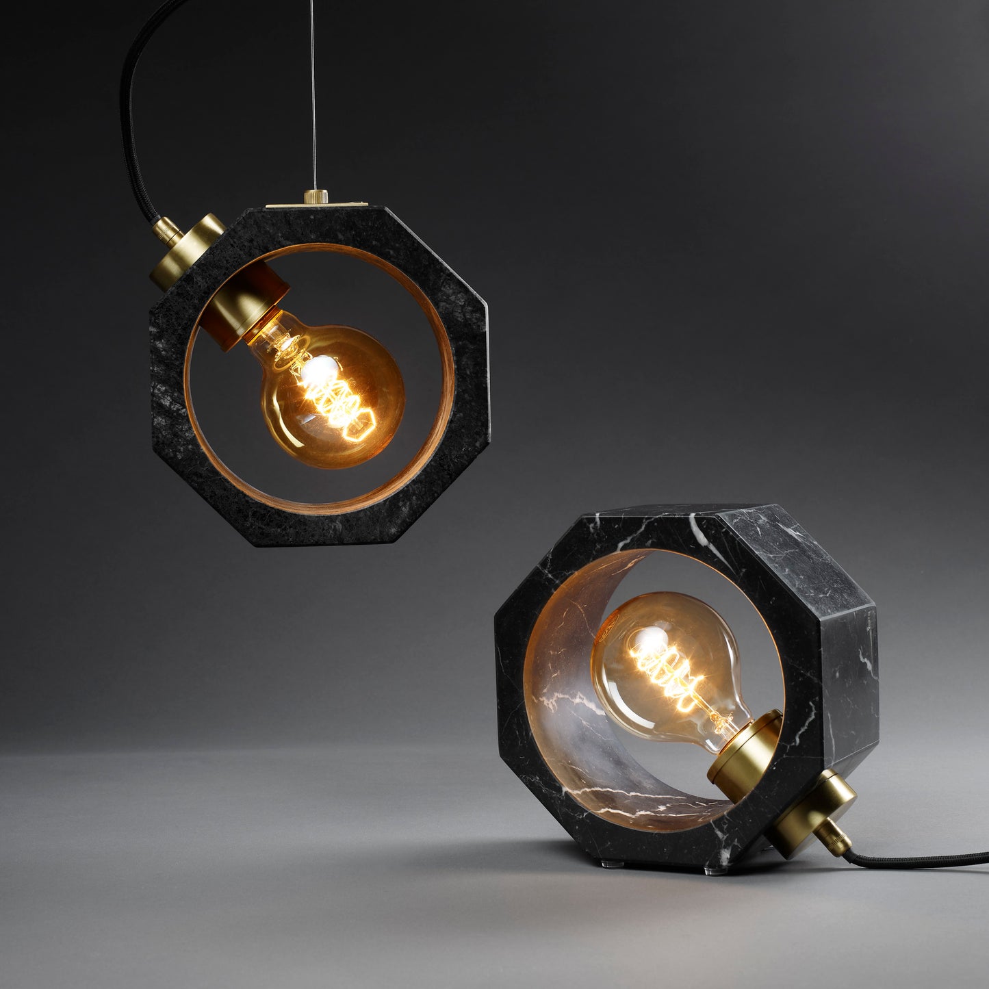 Octagon Table Lamp black marble, duo on