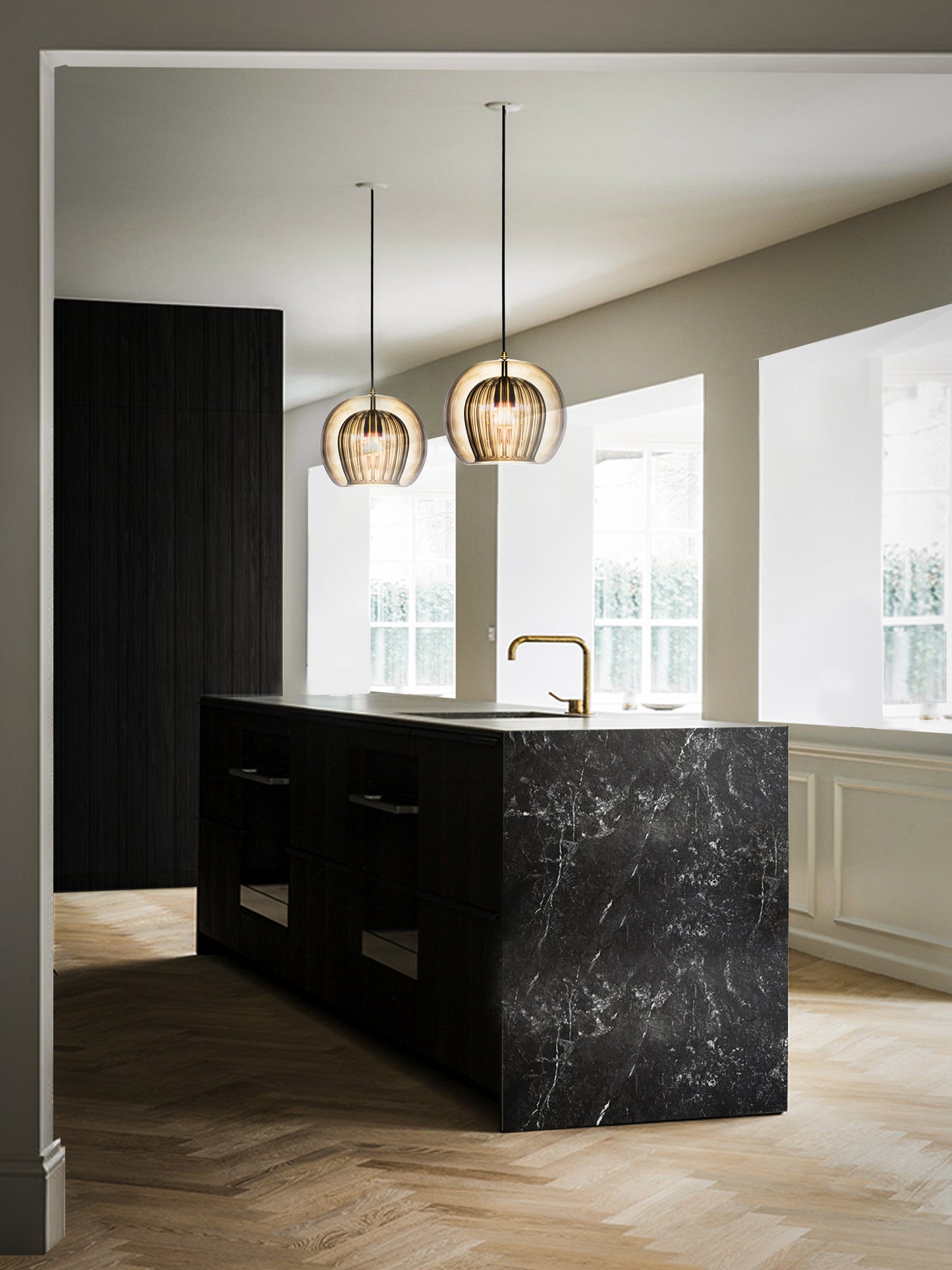Pleated Crystal Pendant Light smoked, hanging from ceiling above kitchen island in setting.