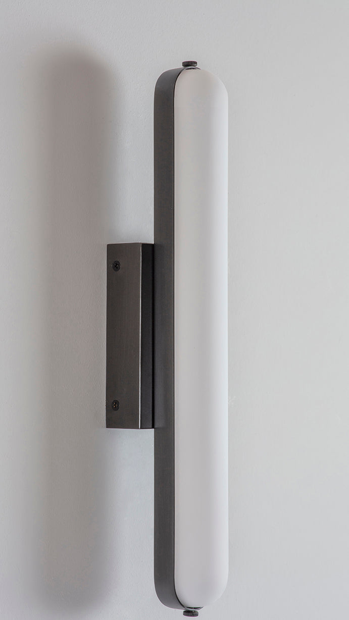 Stadium Wall Light dark bronze, detailed close up view of fitting and finish.