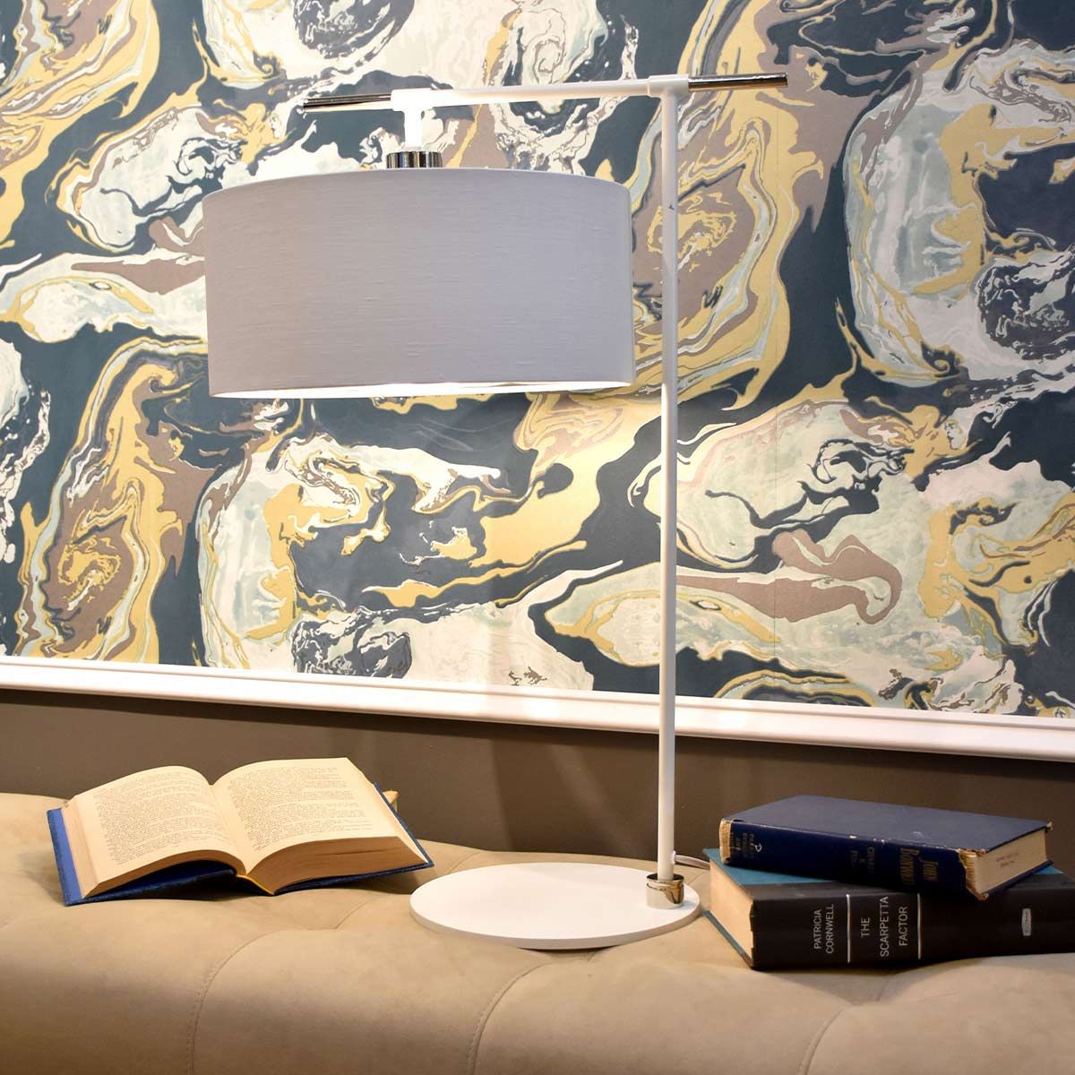 Balance Light Table Lamp in White Polished Nickel with White Shade