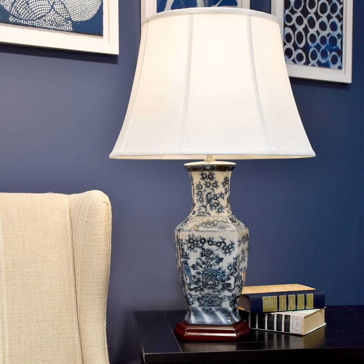Blue Hex Light Table Lamp in Blue and White with White Shade