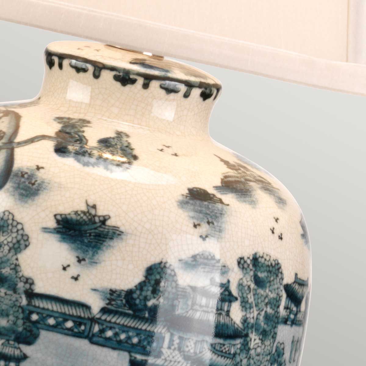Blue Traditional Table Lamp in Blue and White with Cream Shade