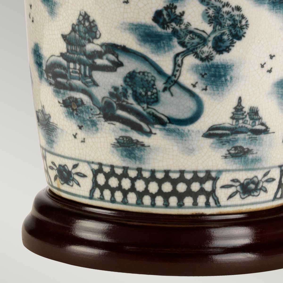 Blue Traditional Table Lamp in Blue and White with Cream Shade
