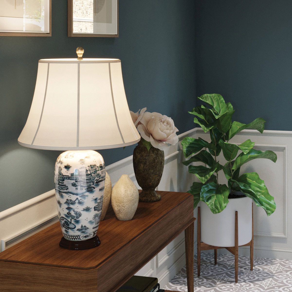 Blue Traditional Table Lamp in Blue and White with Cream Shade
