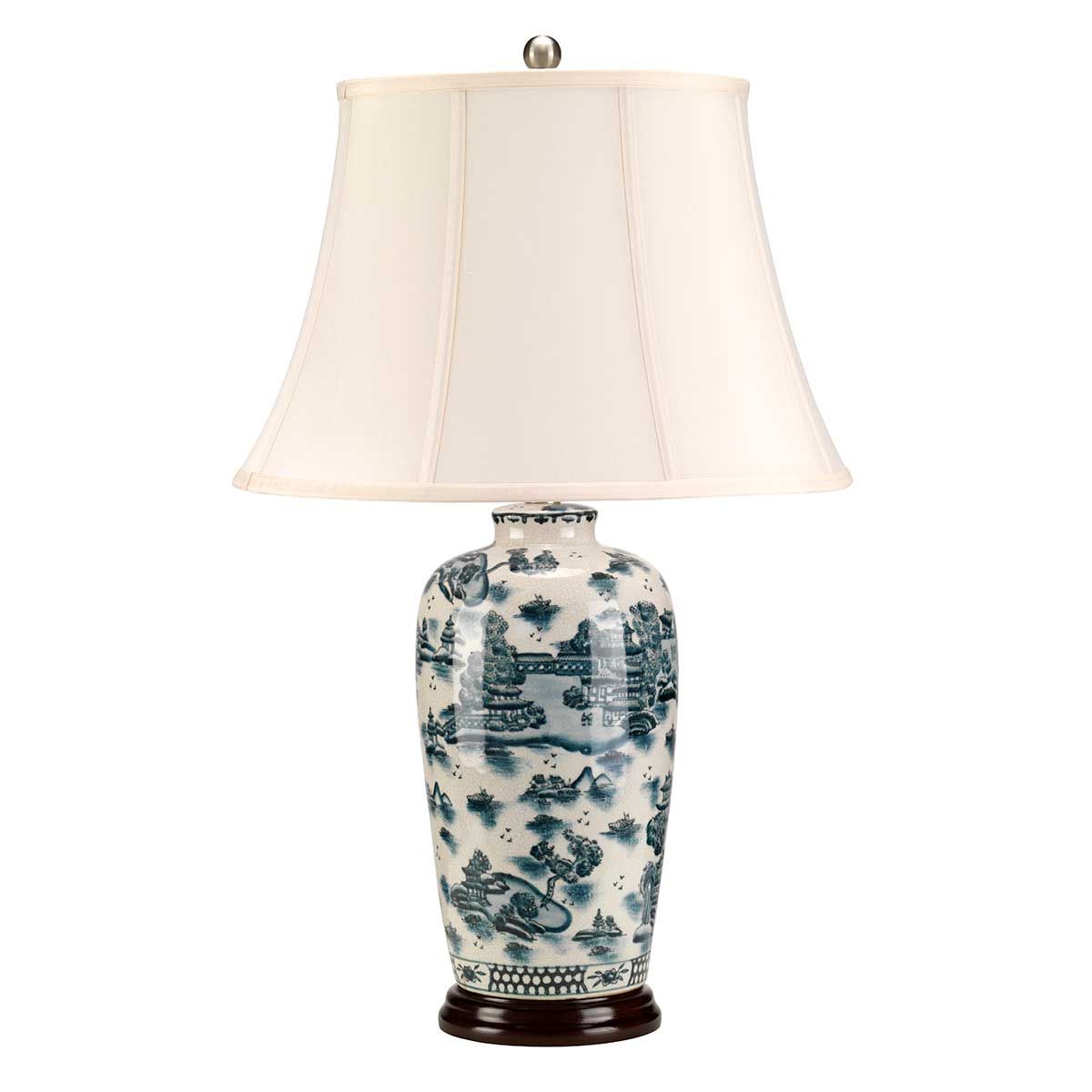 Blue Traditional Table Lamp in Blue and White with Cream Shade