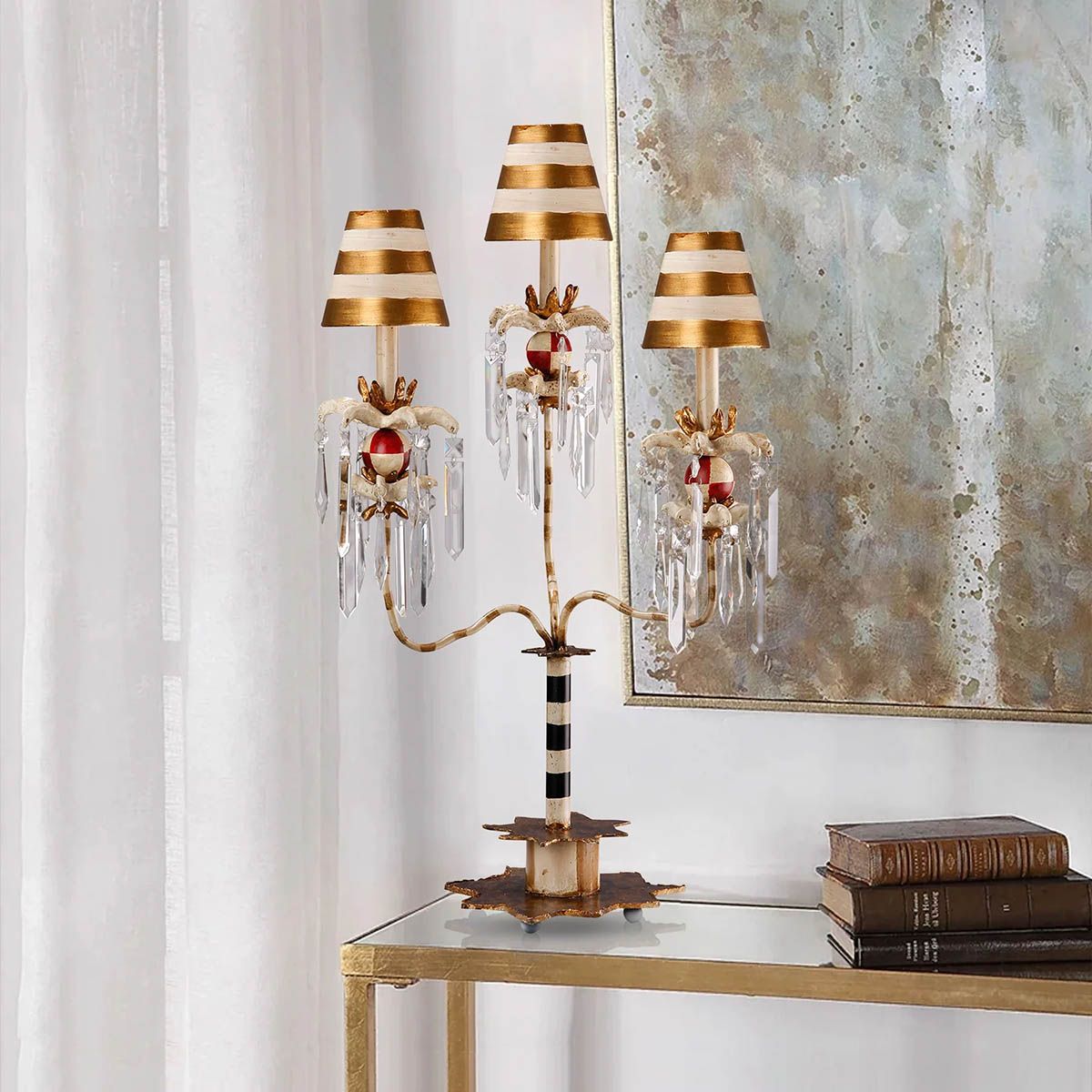Birdland Arm Table Lamp in Cream & Gold with Cream and Gold Striped Shade