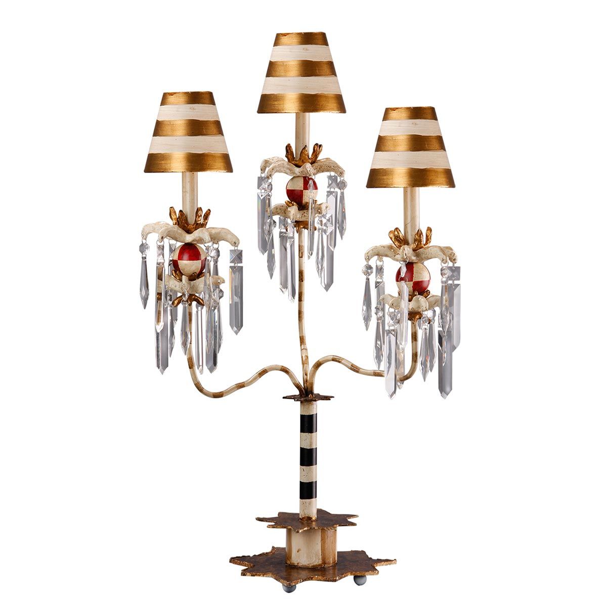 Birdland Arm Table Lamp in Cream & Gold with Cream and Gold Striped Shade