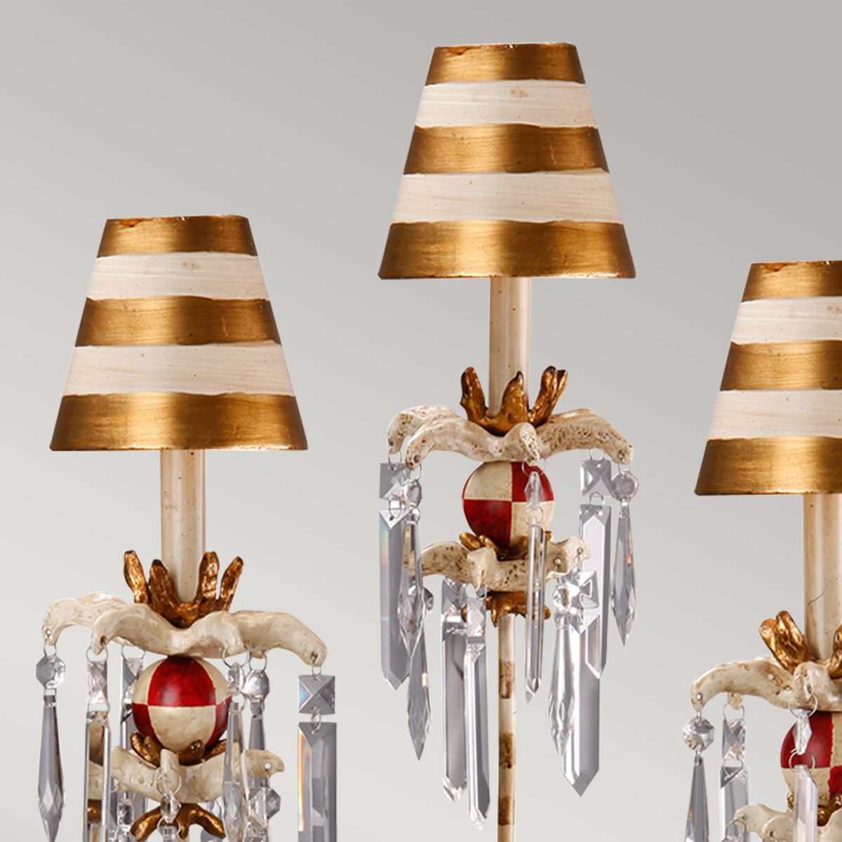 Birdland Arm Table Lamp in Cream & Gold with Cream and Gold Striped Shade