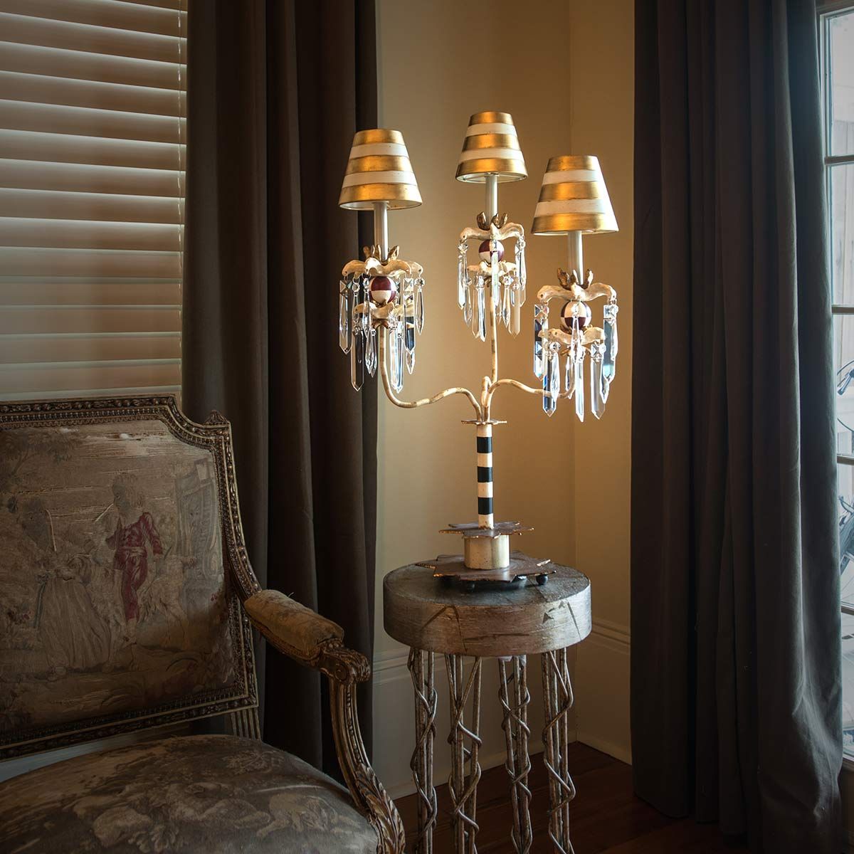 Birdland Arm Table Lamp in Cream & Gold with Cream and Gold Striped Shade
