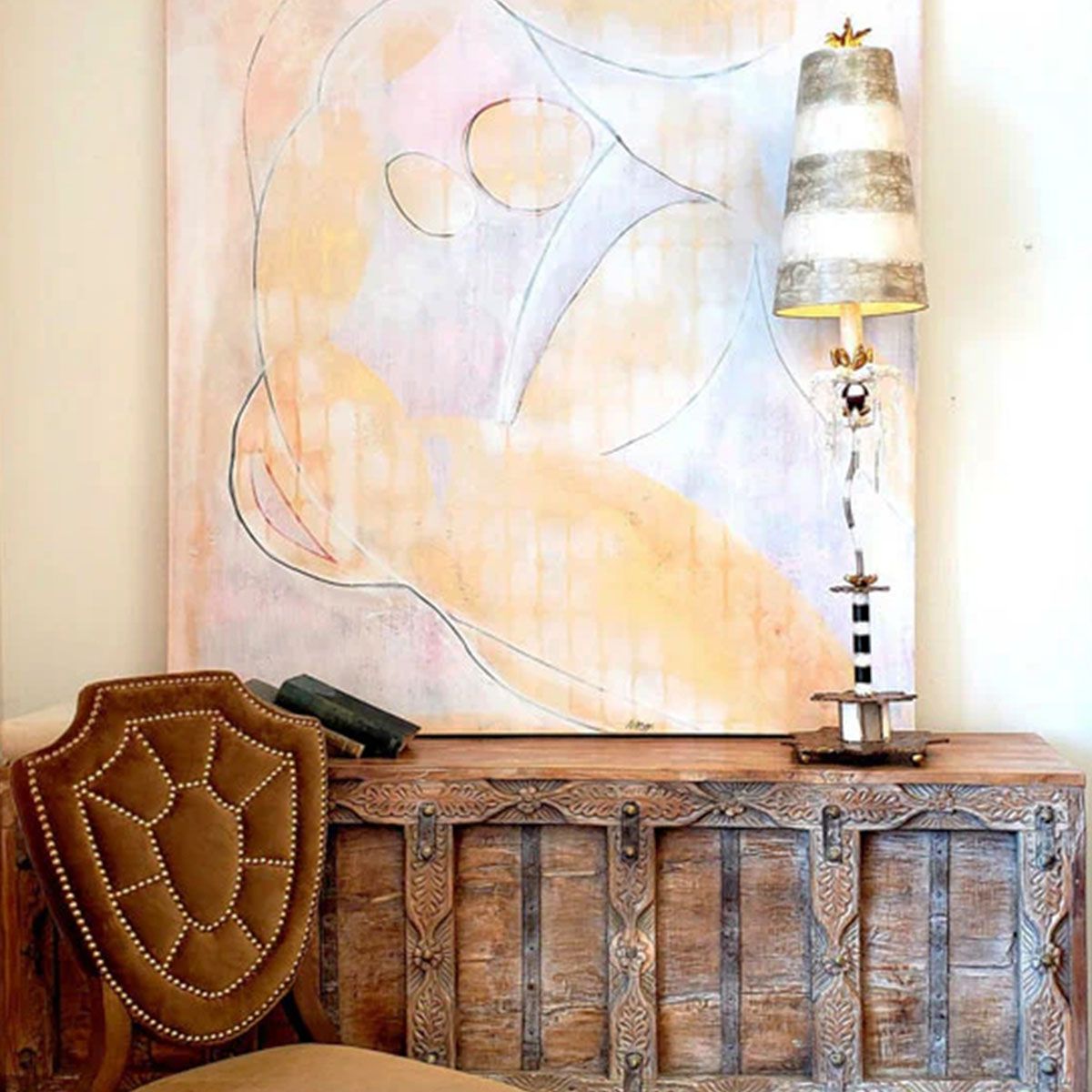Birdland Light Table Lamp in Cream and Gold with Cream and Taupe Striped Shade