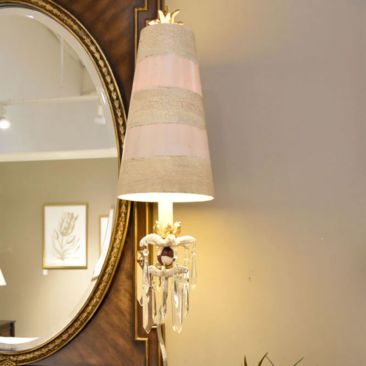 Birdland Light Table Lamp in Cream and Gold with Cream and Taupe Striped Shade