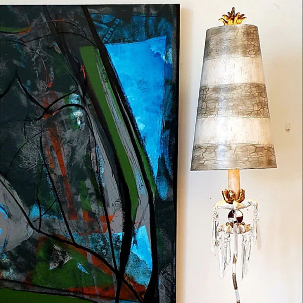 Birdland Light Table Lamp in Cream and Gold with Cream and Taupe Striped Shade