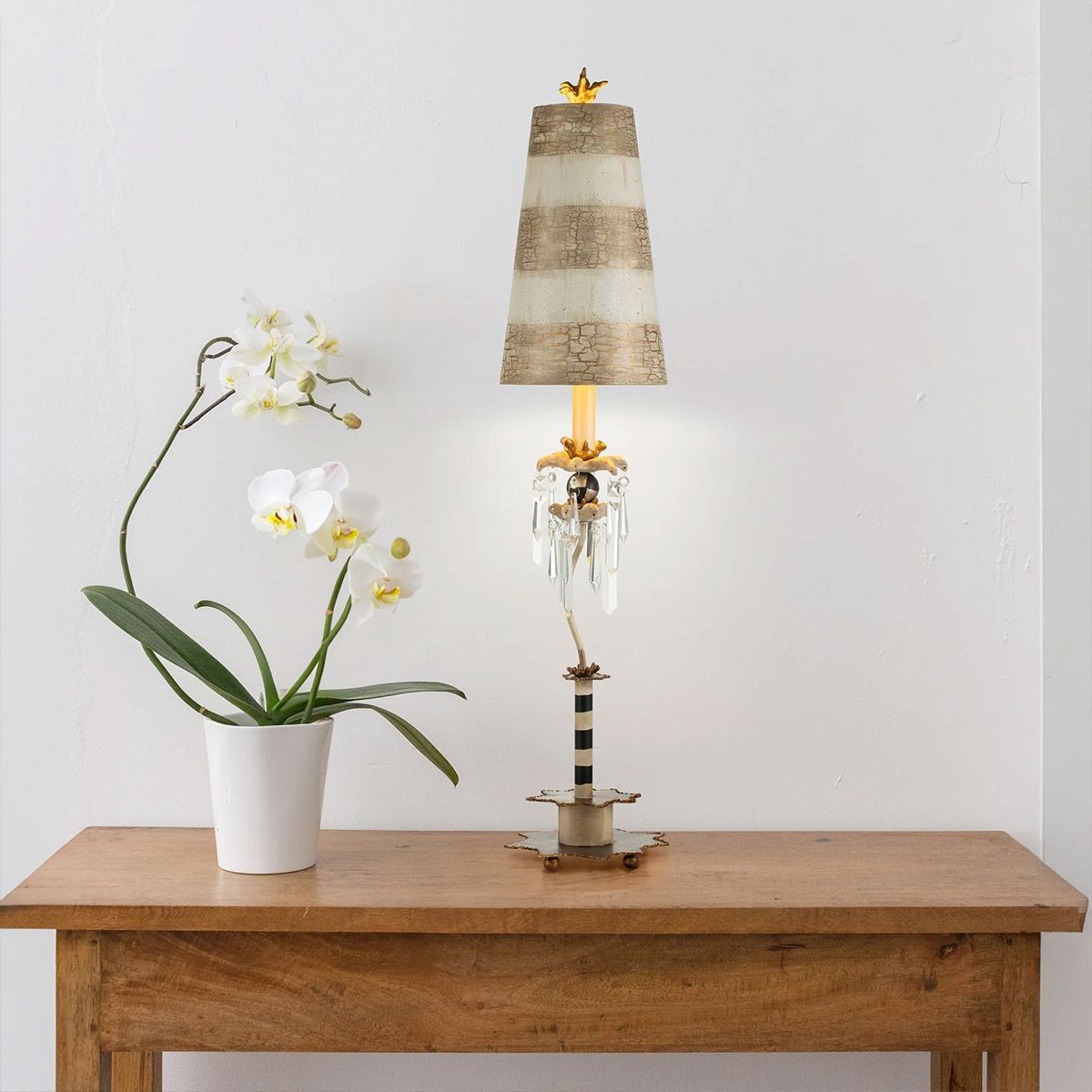 Birdland Light Table Lamp in Cream and Gold with Cream and Taupe Striped Shade