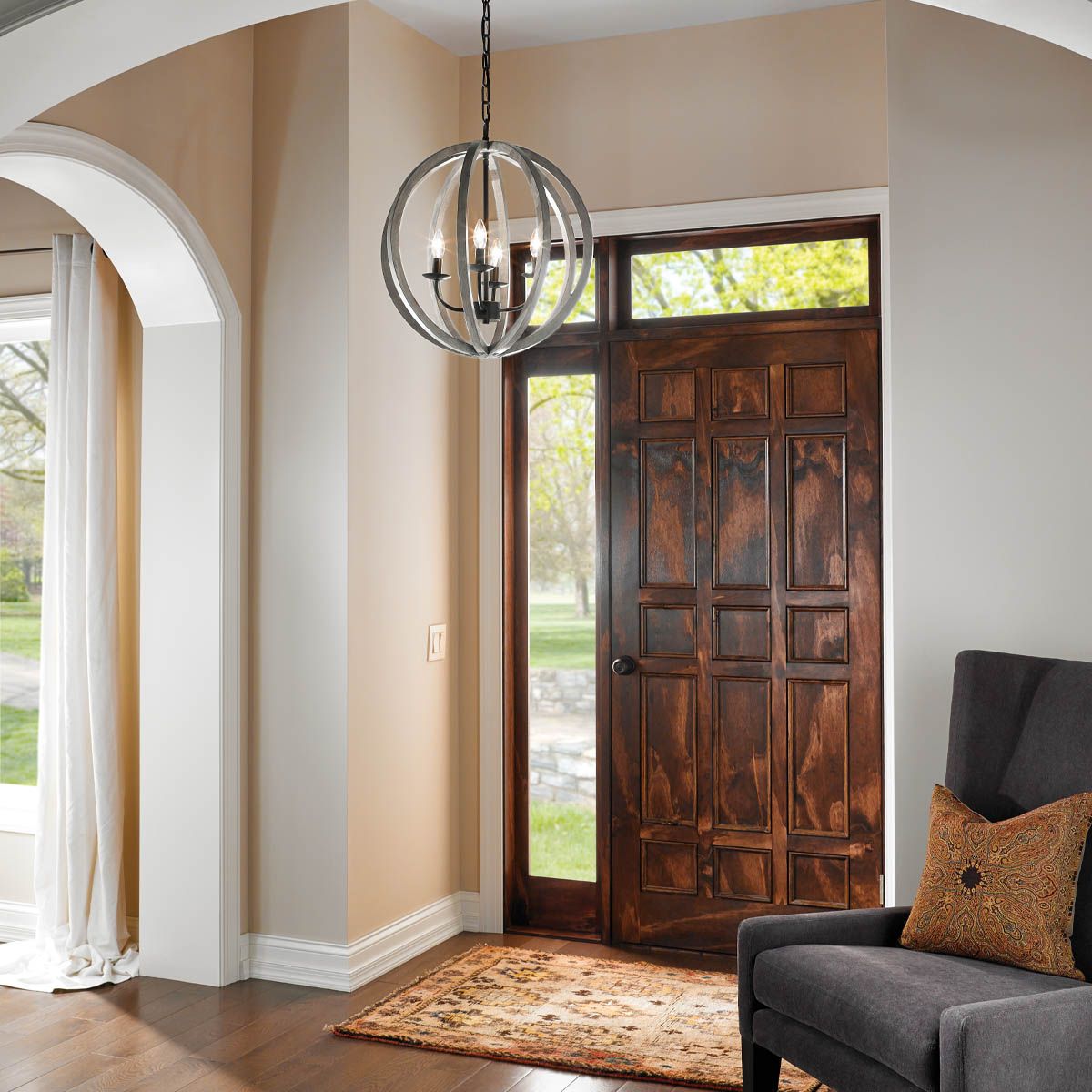 Allier Light Pendant in Weathered Oak Wood and Antique Forged Iron